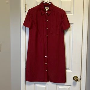 Talbots red, shirt-sleeve red dress with button front.